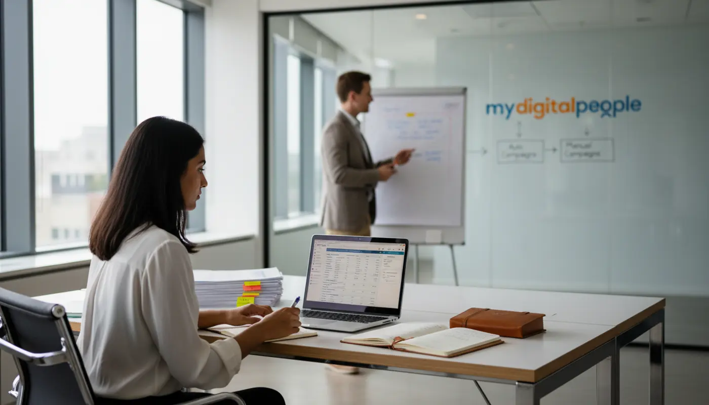 Digital marketer analysing Amazon PPC campaigns with reports and laptop in modern office