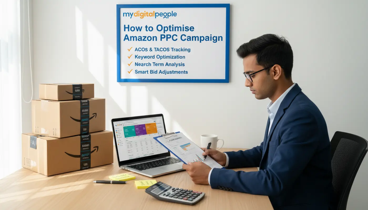 Professional analysing Amazon PPC campaign performance at a desk with reports, laptop dashboard, and optimisation checklist on a wall signboard.