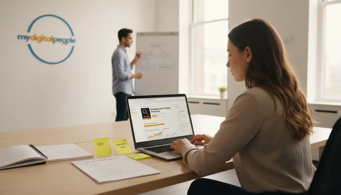 Content strategist optimizing a blog post for SEO in a modern digital agency workspace