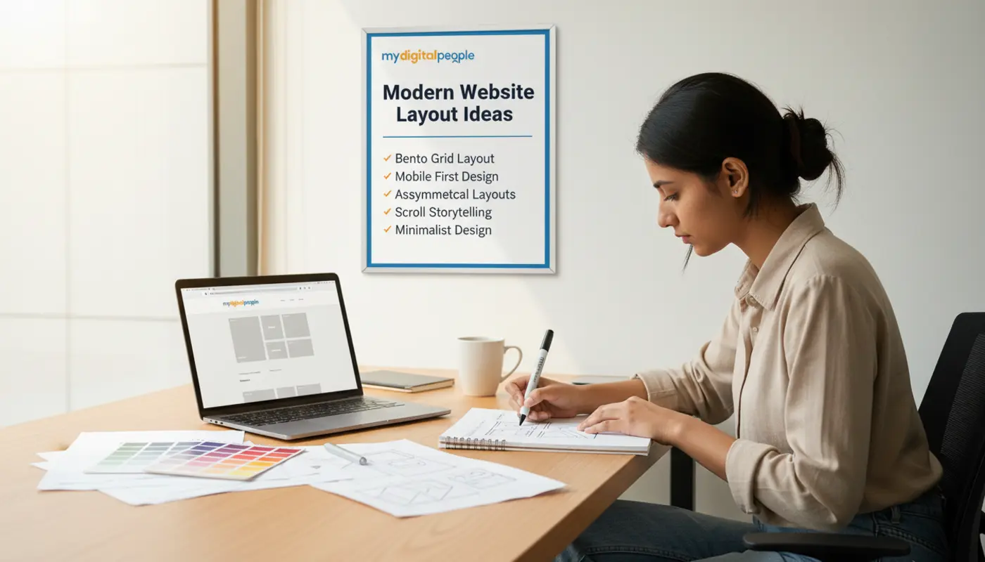 Web designer in Lahore workspace sketching modern website layouts with signboard of layout ideas behind