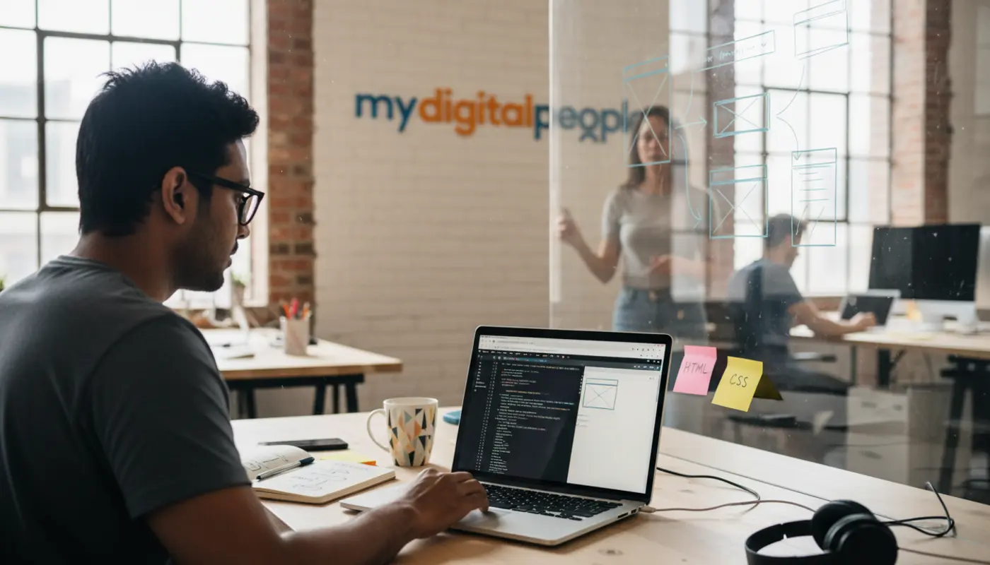 Developer using Python for backend web development in a modern office workspace