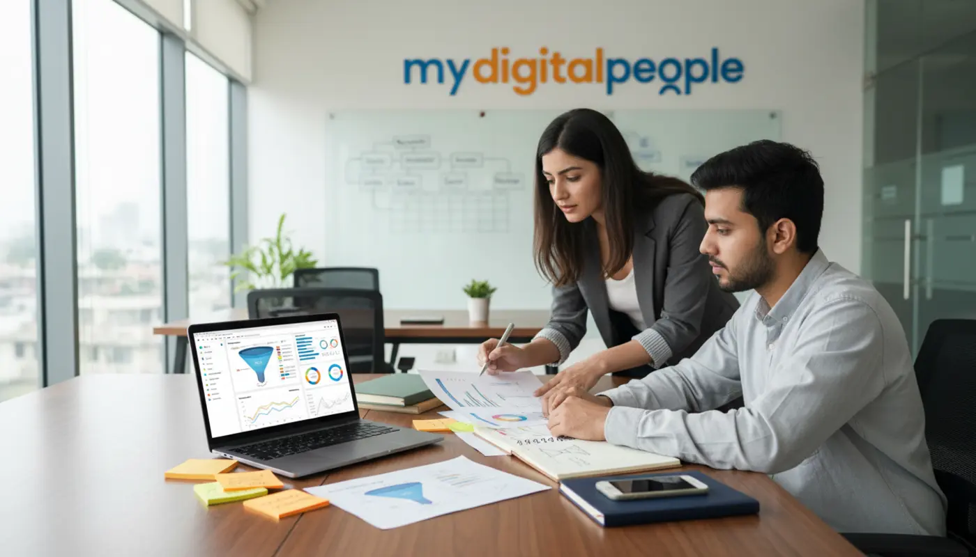 Marketing team analysing AI-driven campaign data in a modern Lahore office