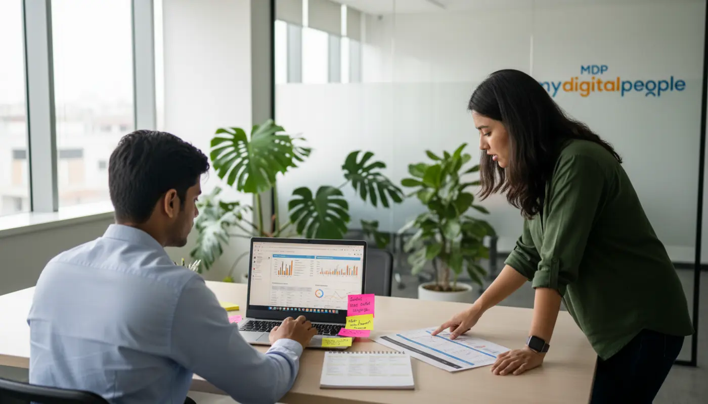 Team analysing AI keyword research and content strategy in a modern office