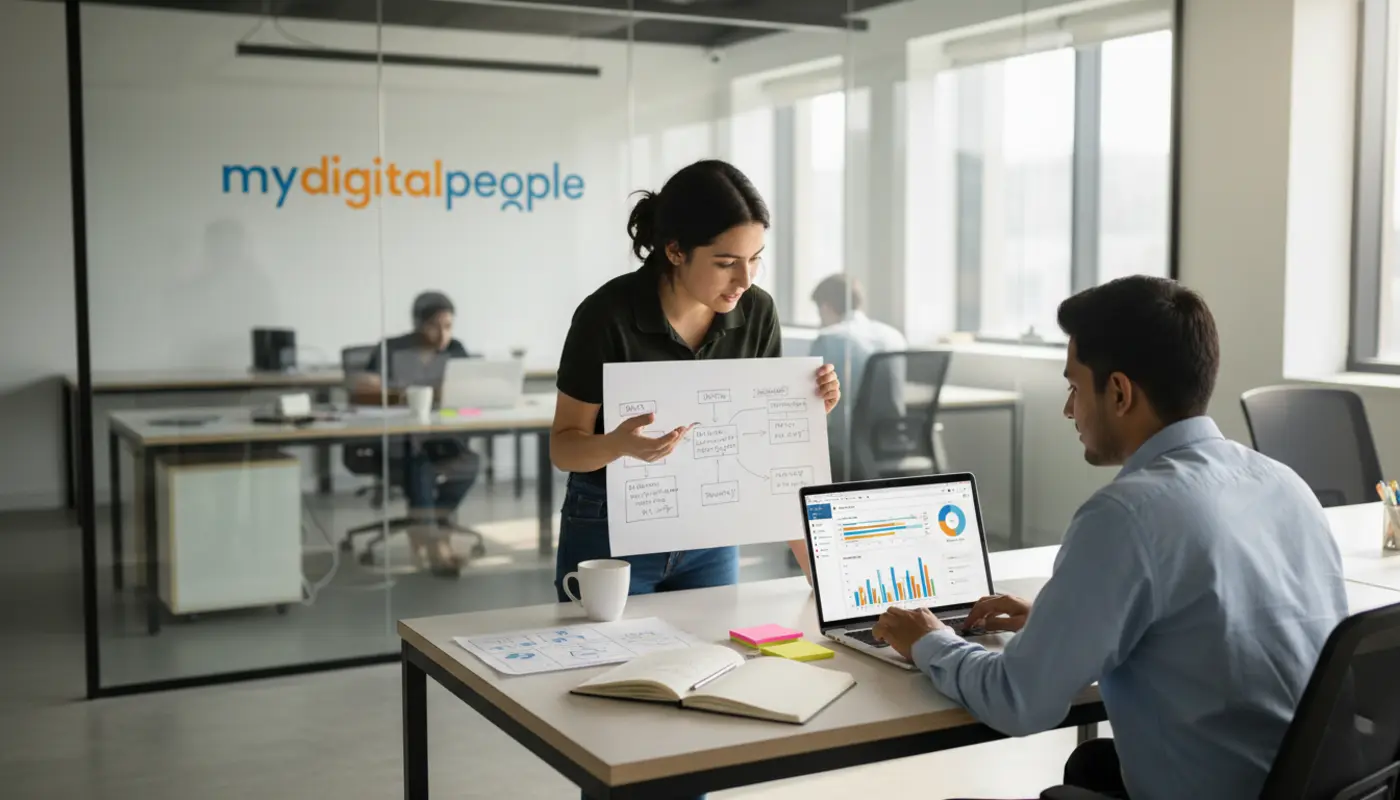Team analysing AI data and workflow in a modern digital marketing office