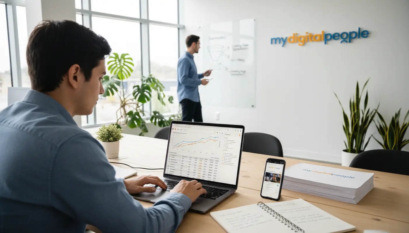Digital marketer analysing PPC ad performance dashboard in a modern office workspace