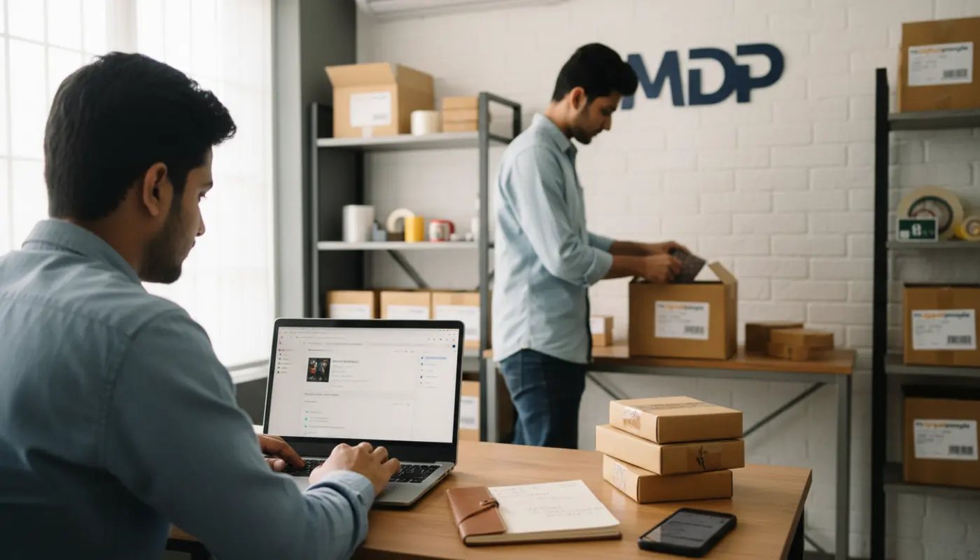 Shopify dropshipping workflow with team managing orders and packing parcels in workspace