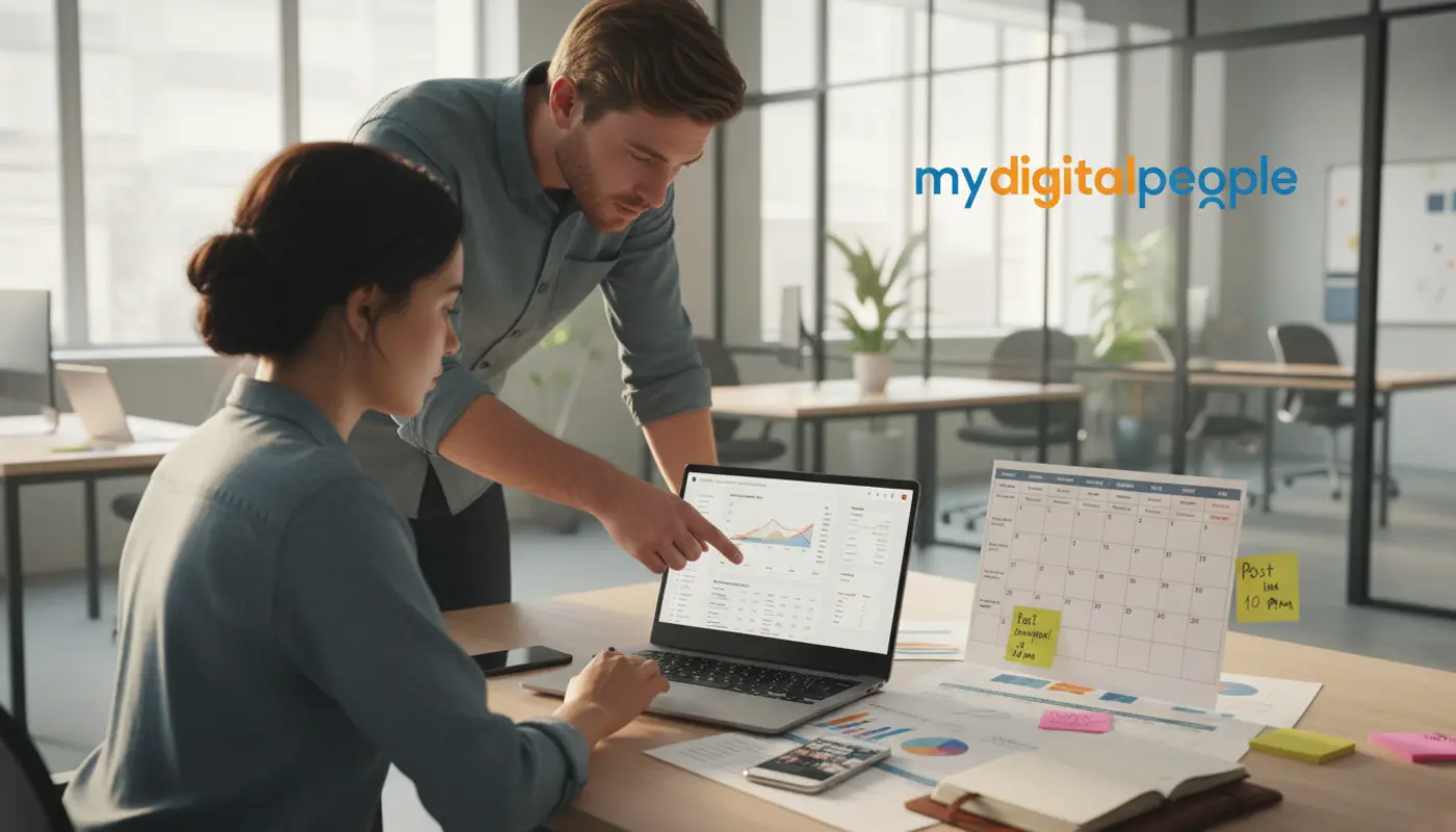 Team planning social media campaign with analytics and content calendar in modern office