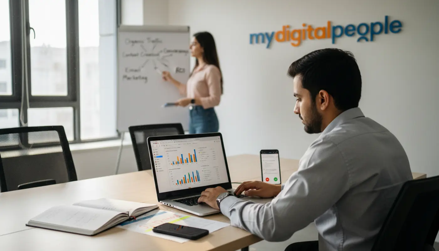 SEO specialist analysing traffic and conversions on laptop in modern digital agency office