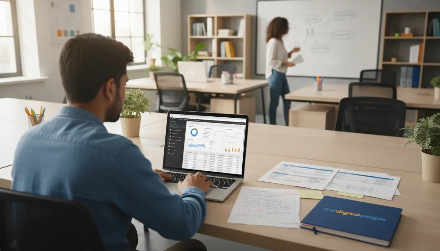 SEO team analysing backlink strategy with reports and laptop in a modern office
