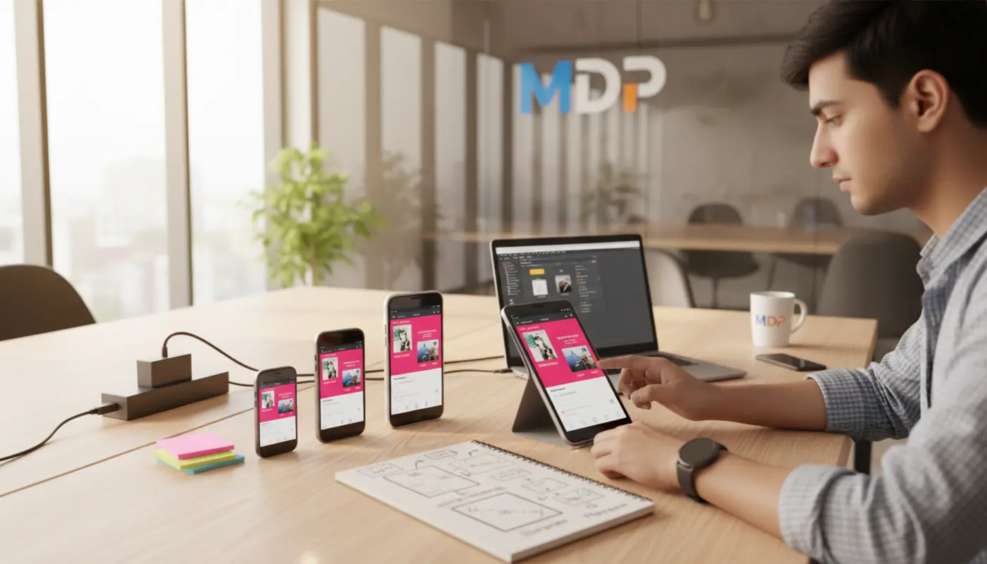 Designer testing responsive mobile app UI across multiple devices in a modern office