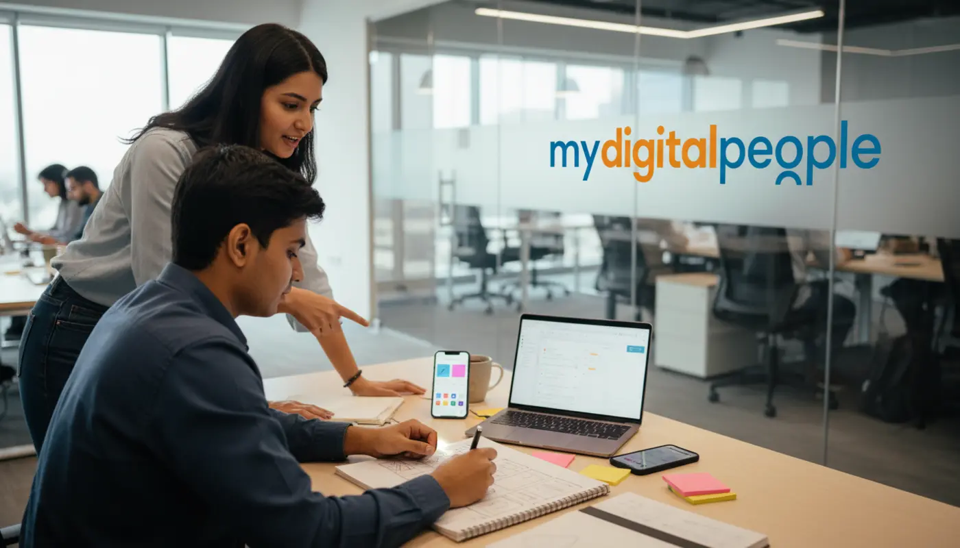 UX designers sketching mobile app wireframes in a modern agency office