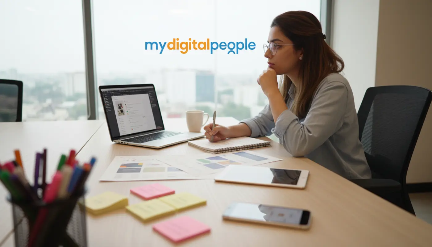 Designer sketching Android app wireframes with laptop in a modern office workspace