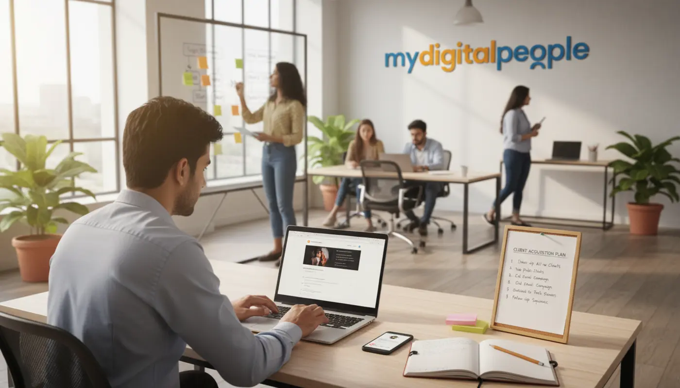 Web developer reaching out to clients from a modern agency workspace