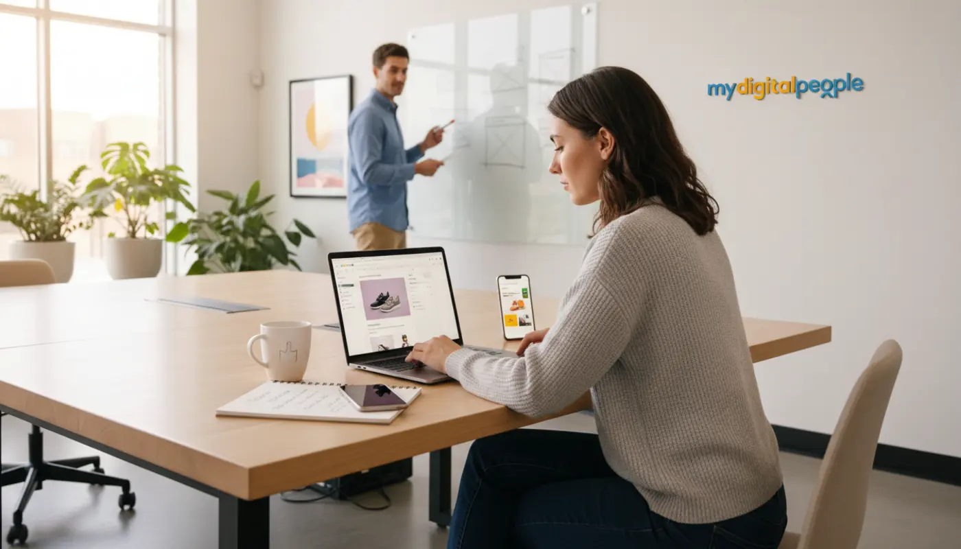Professional editing Shopify store footer settings in a modern digital agency workspace
