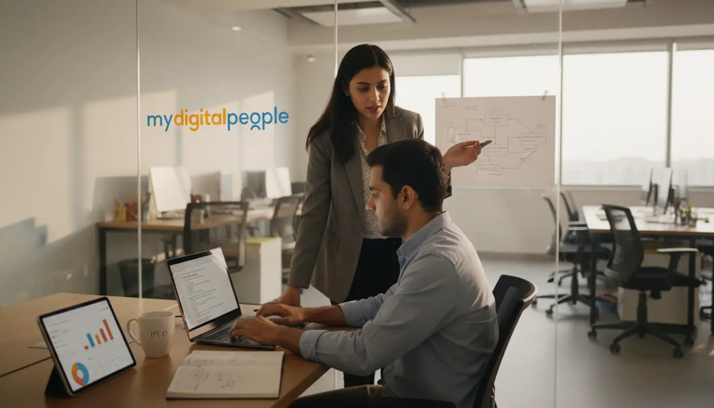 Developers reviewing API data and workflow in a modern digital agency office