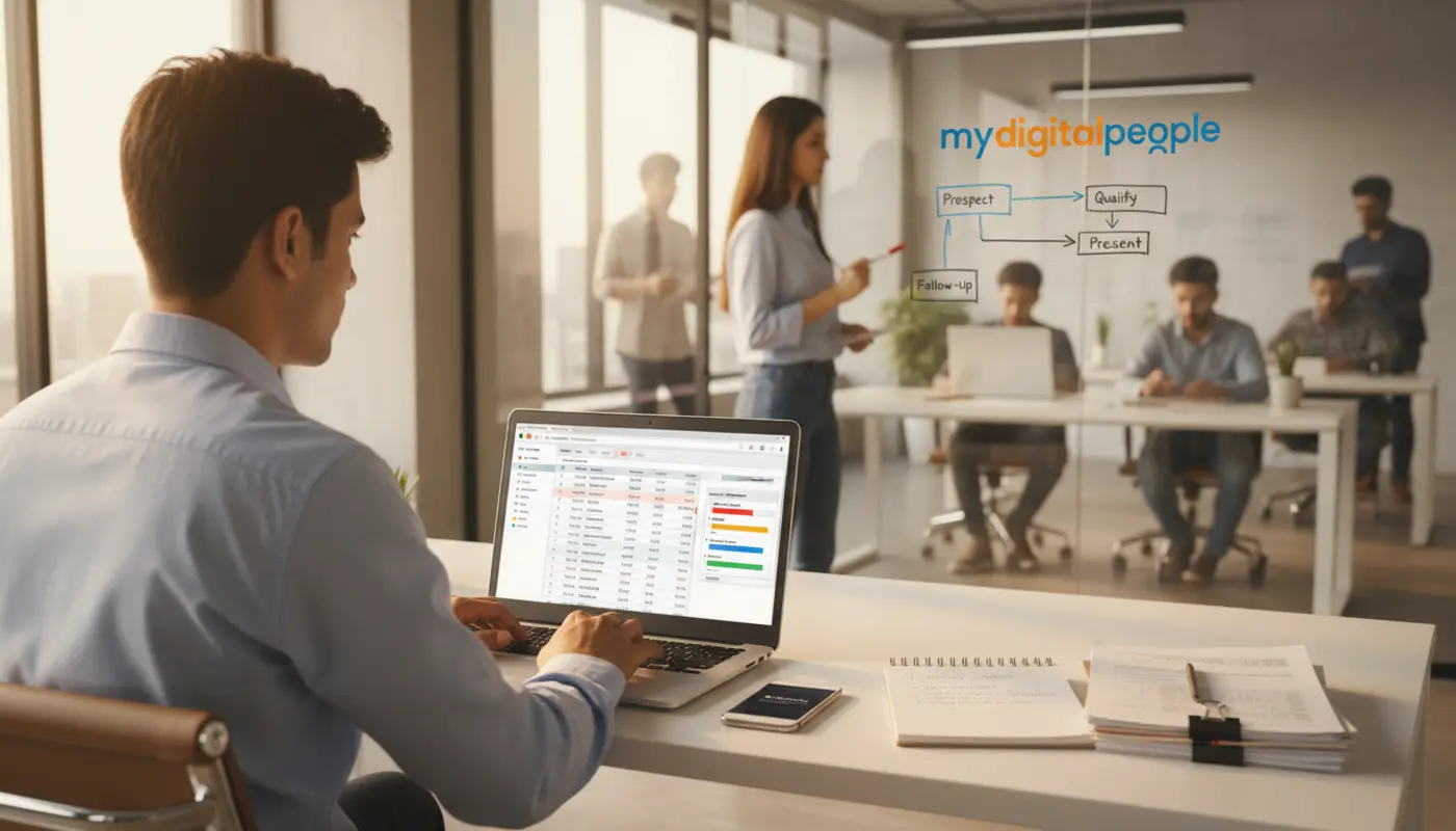 Sales team using CRM system dashboard in a modern digital agency office