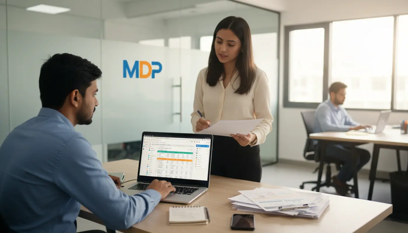 Team using CRM dashboard to manage leads and customer data in a modern office