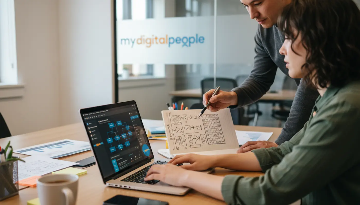 Agency team reviewing AI logic workflow diagrams and truth table notes in a modern office