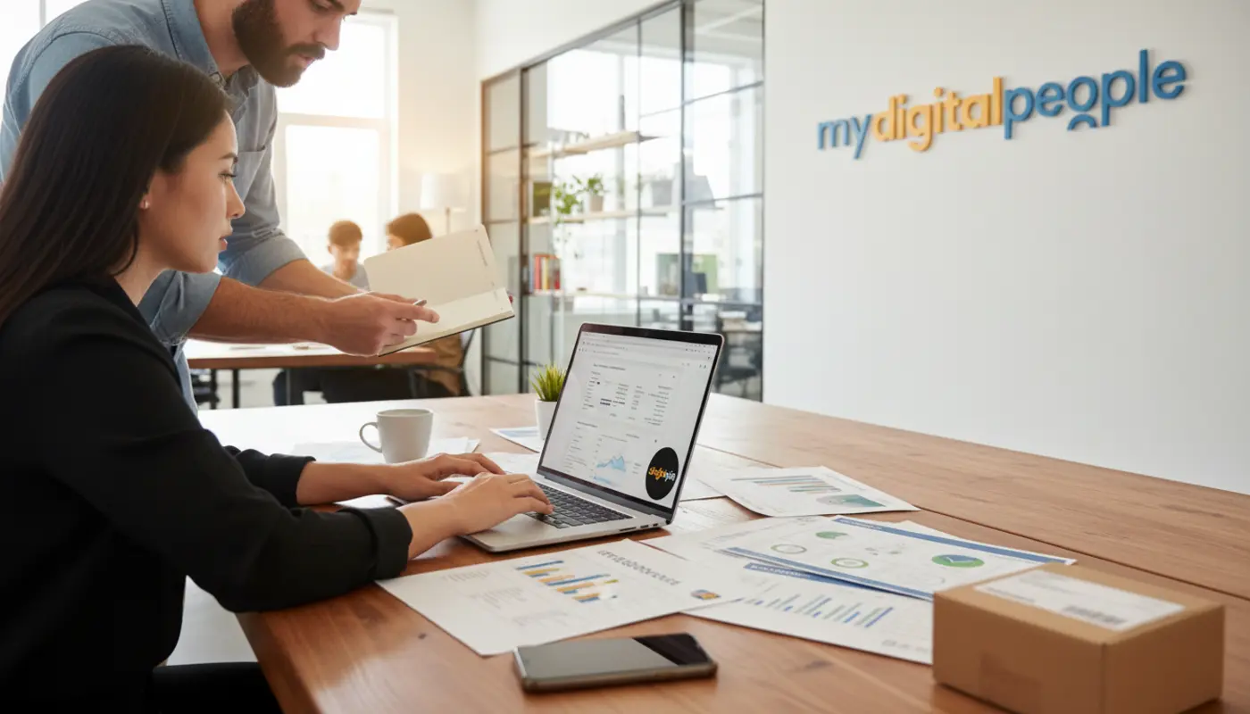 Shopify migration planning scene with DNS records, redirects, and SEO reports in a modern agency office
