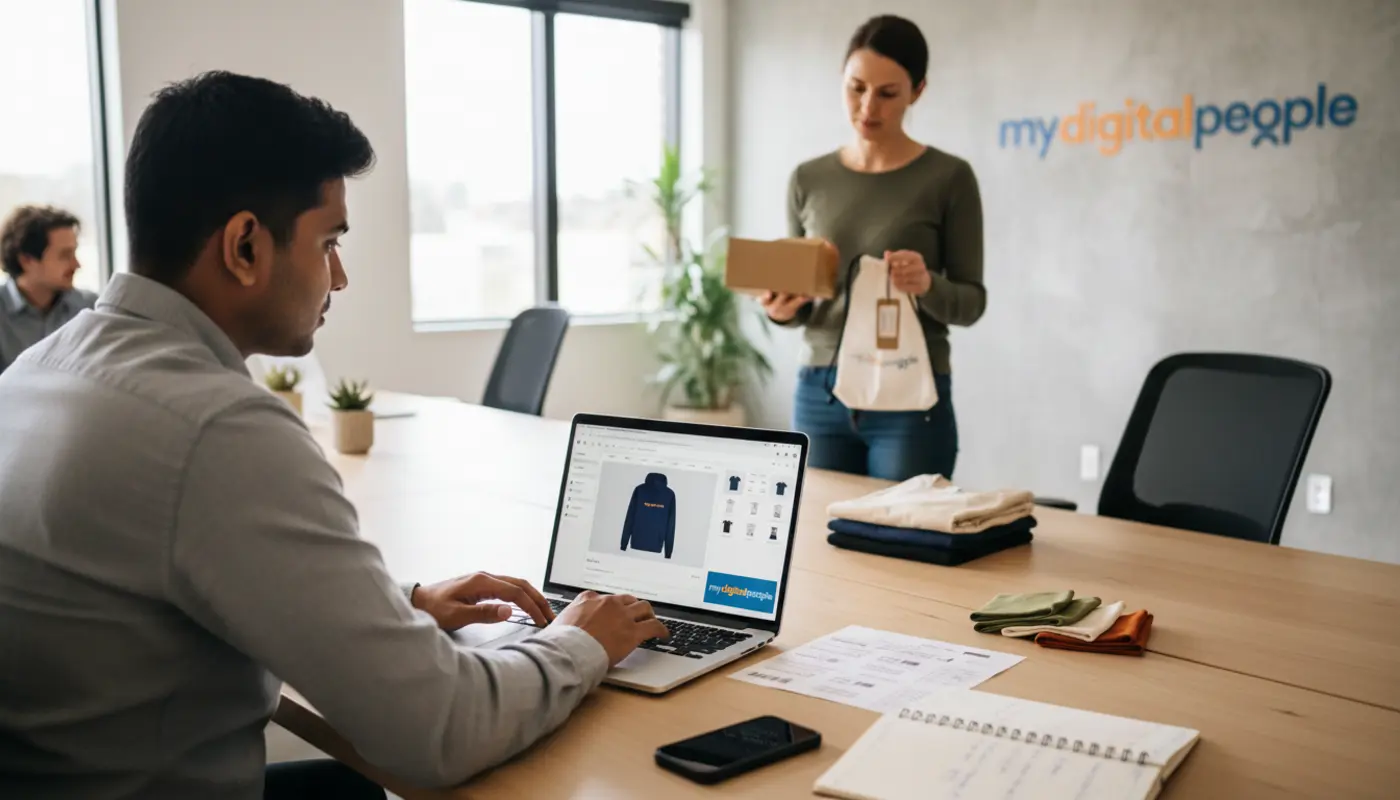 Shopify product variant setup in a modern ecommerce agency workspace with apparel samples