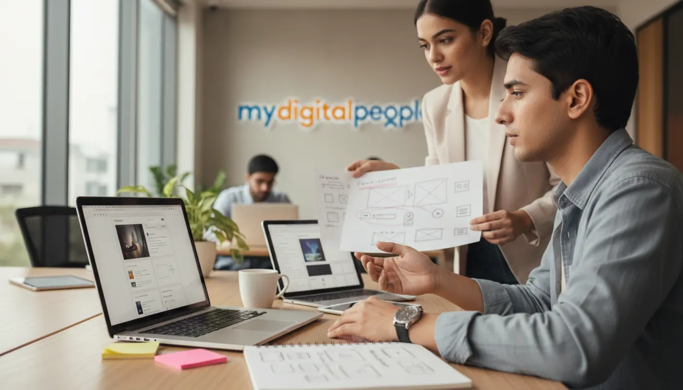 UX designers reviewing website icons and UI layouts in a modern digital agency office