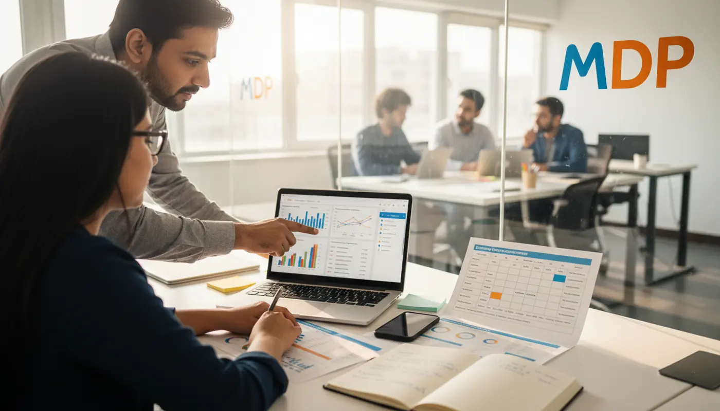 Digital marketing team analysing SEO, ads, and content strategy in a modern office