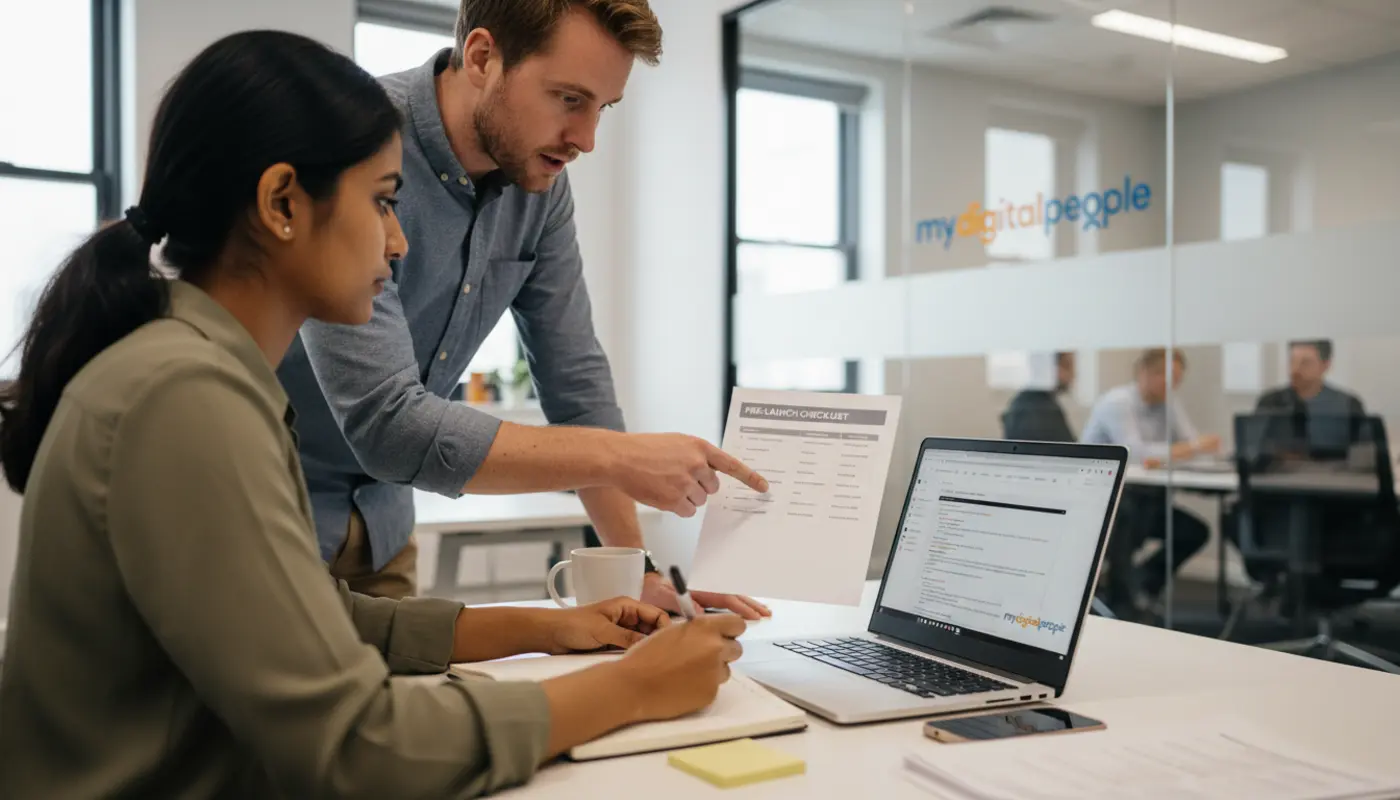 Assistant web developer reviewing website security checklist in a modern agency office