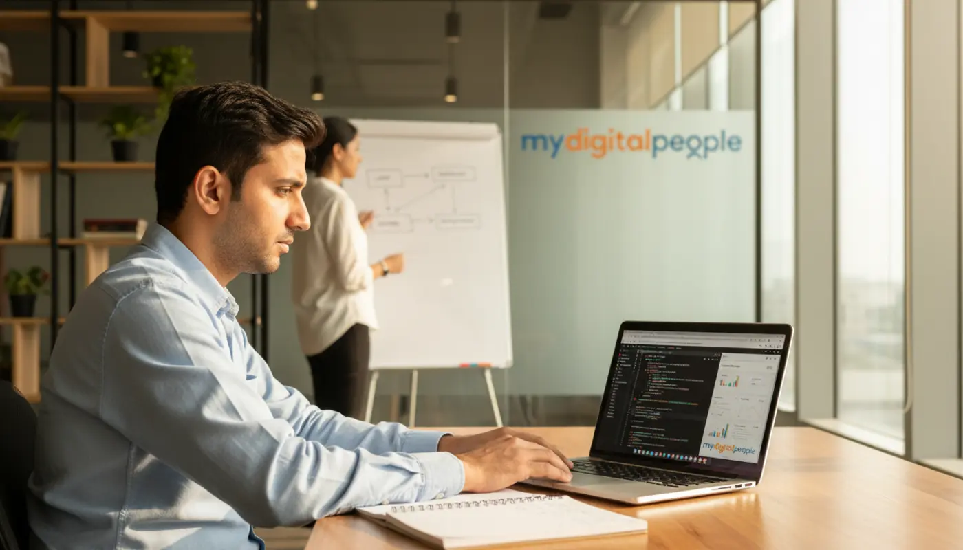 Developers working on PHP backend code in a modern digital agency office